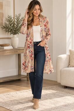 FRUMOS Floral Duster Cardigan Kimono Pleated Open Front Boho S/M
